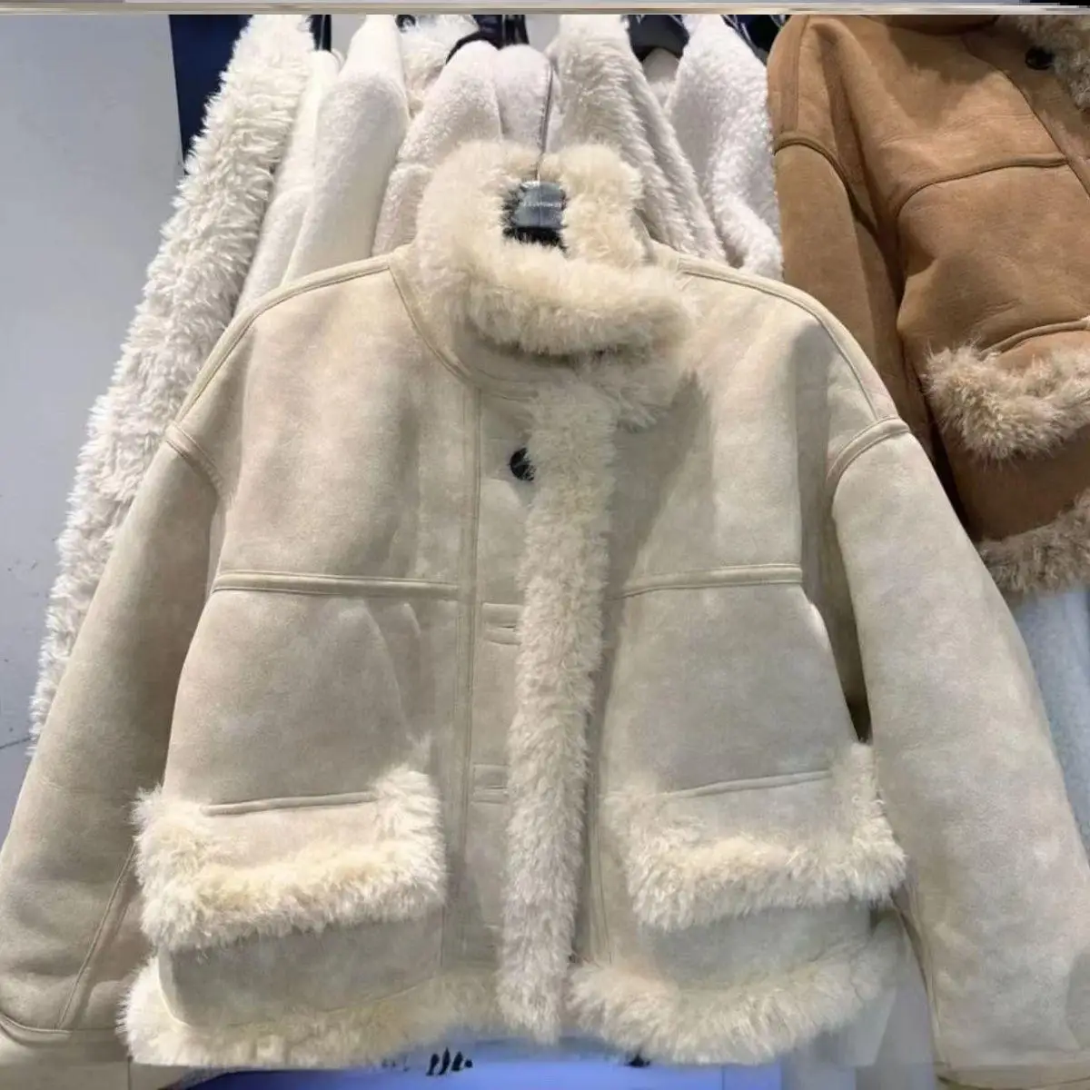 양털 테이니드 윈터 자켓 2025 신상 모터사이클 슬레 이너 페이스 따뜻한 울 싱글 피스 루즈핏 롱 슬리브