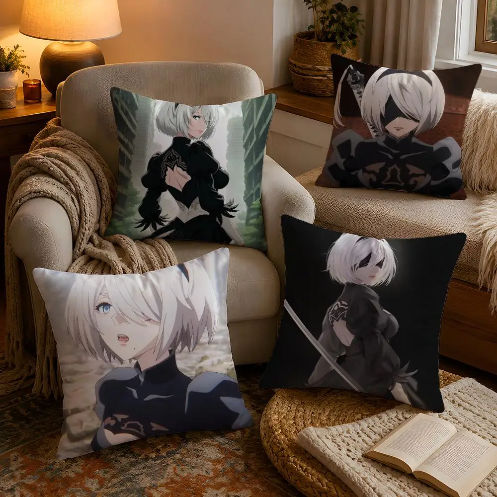 Cool Anime N-Nier Automata 2B Pillow Case Soft Plush Cushion Cover Double Print and Invisible Zipper for Sofa Home Car Use