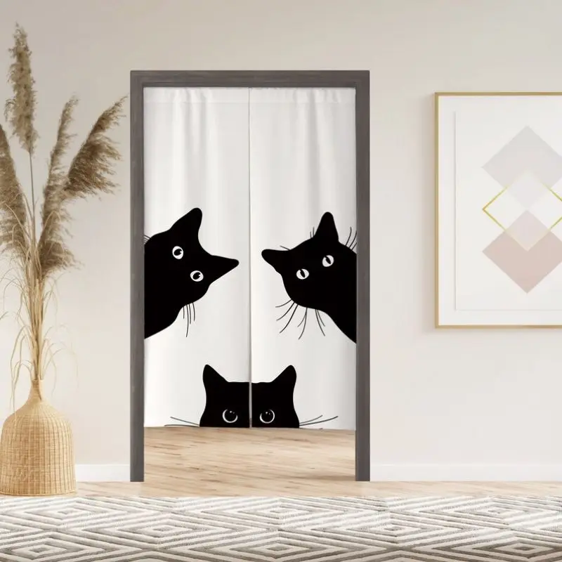 VIKAMA Cute Cat Curtain Cafe And Tattoo Shop Entrance Semi-Curtain Living Room Bathroom Partition Curtain Home Decor