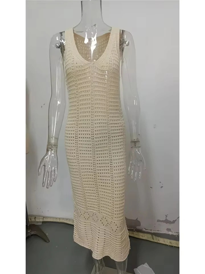 

S - XL 2026 New Hollow Out V Neck Crochet Knitted Tunic Beach Cover Up Cover-ups Beach Dress Beach Wear Beachwear Female V5699