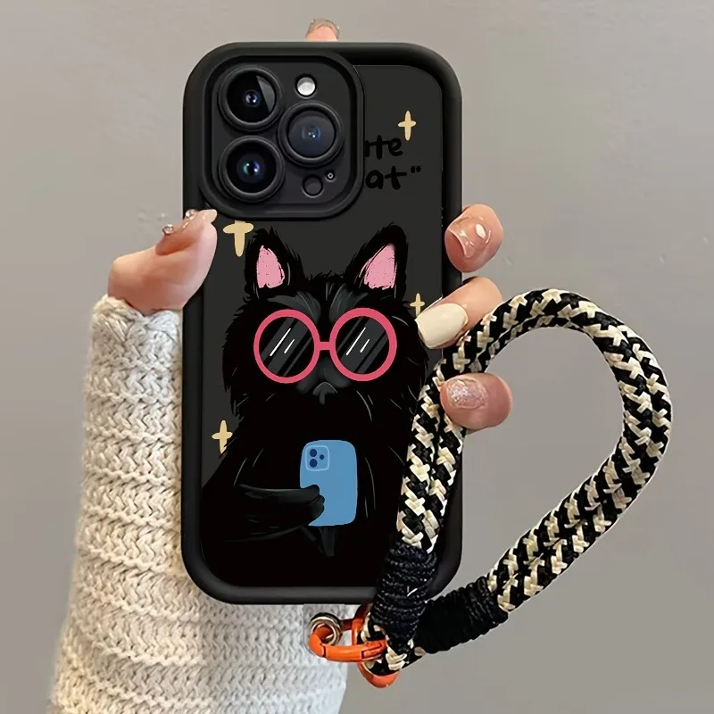 Schwarze Handyhülle mit coolem Katzenmuster und Tragegurt für iPhone 15 16 17 Pro Max 14 13 12 11 Pro XS Plus, stoßfest, matt, aus Silikon. – Detail 1