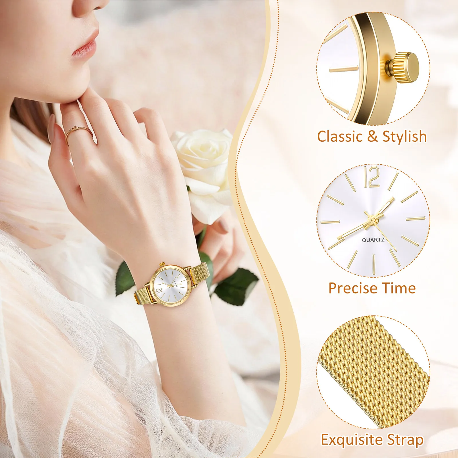 Golden Alloy Case Women Quartz Watch Fashion Mesh Belt Bracelet Elegant Classic Wristwatch Quartz Watch with Mesh Belt