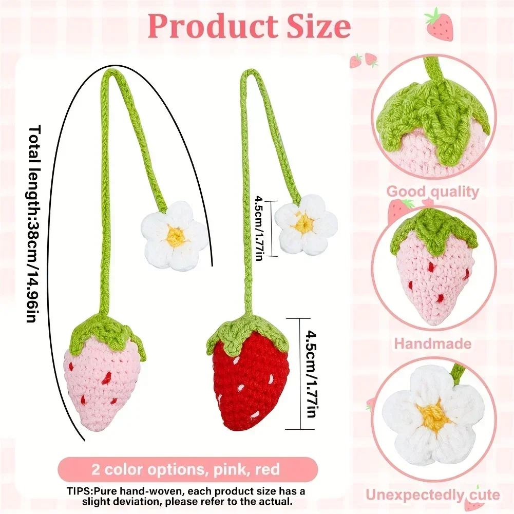 New Cute Handmade Flower Knitted Pendant Strawberry Crocheted Car Decoration Rearview Pendant Bag Key Mirror Ornaments Girl Gift