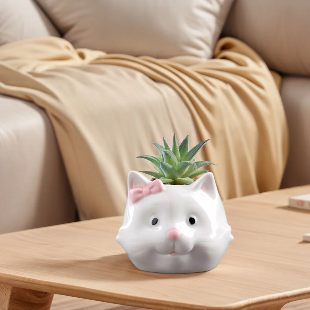 

Cat Ceramic Succulent Pot Bonsai Container Resin with Drain Hole for Home Office