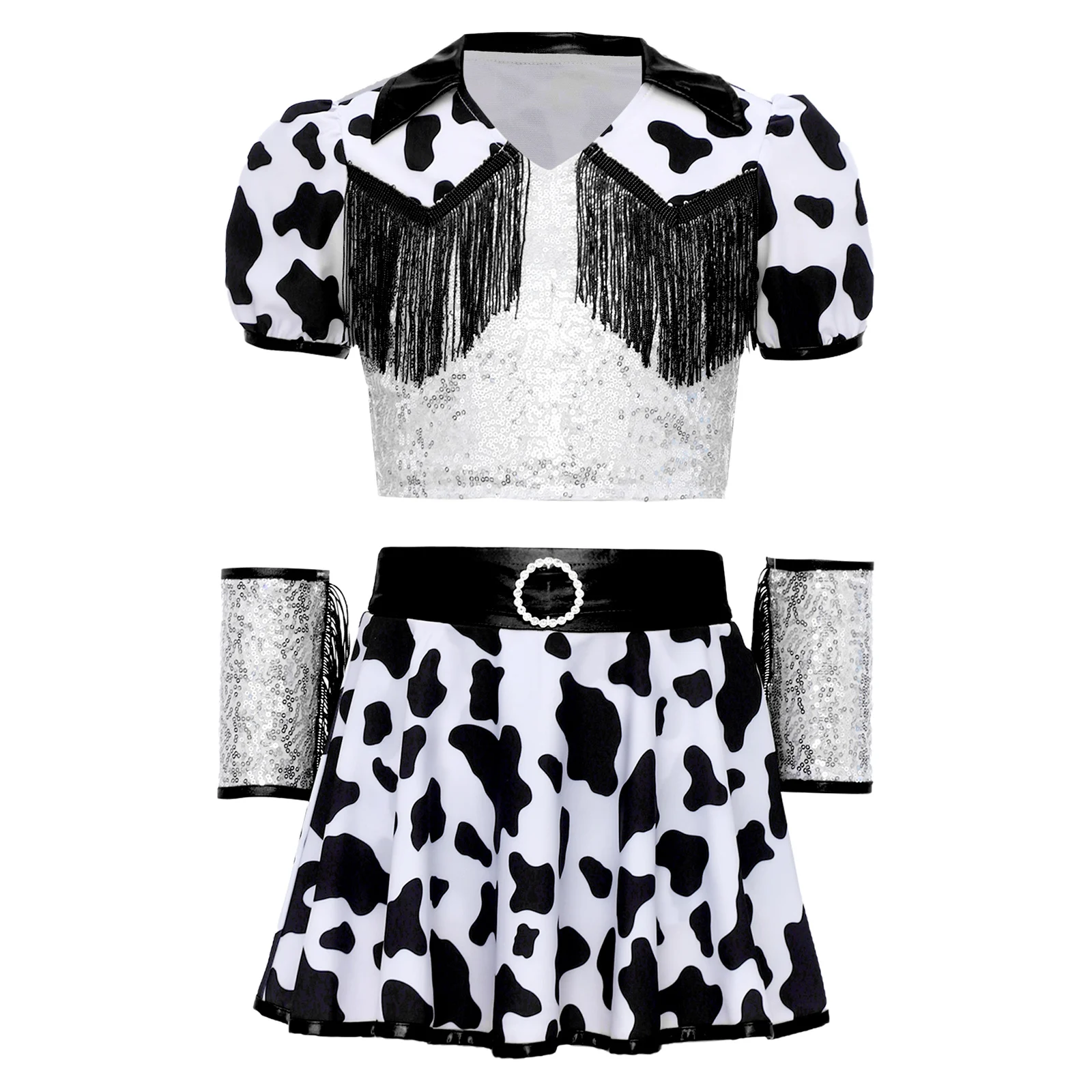 Children Western Cowgirl Hippie Costume Outfits for Girls Rodeo Sequins Cow Printed Fringed Party Performance Cowboy Costume