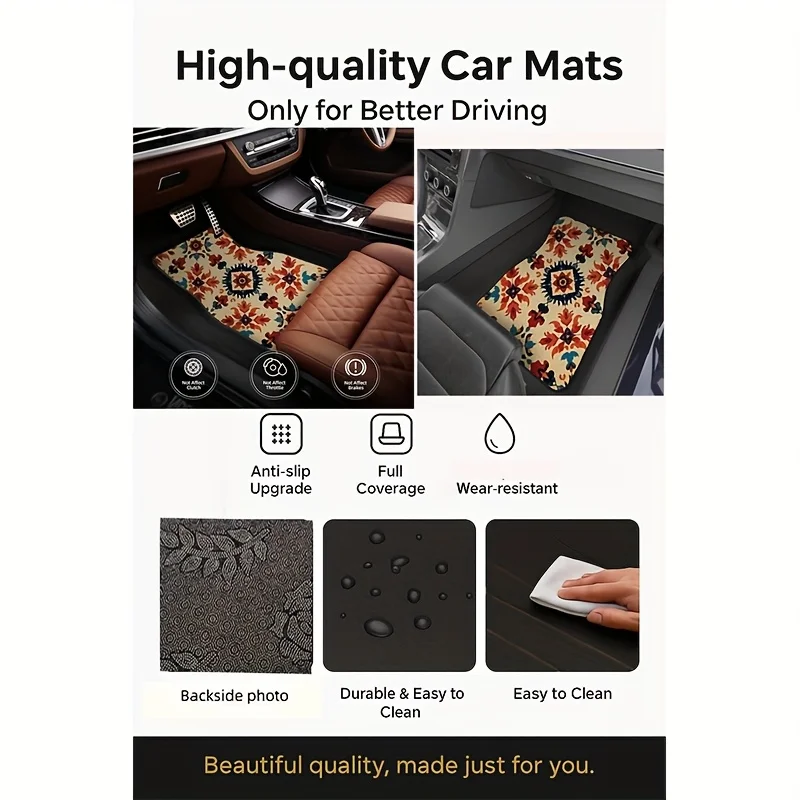 4pcs Bohemian Style Car Floor Mats, Universal Rubber Mats, Suitable For All Seasons, Front And Rear Carpets - Perfect Gift For A