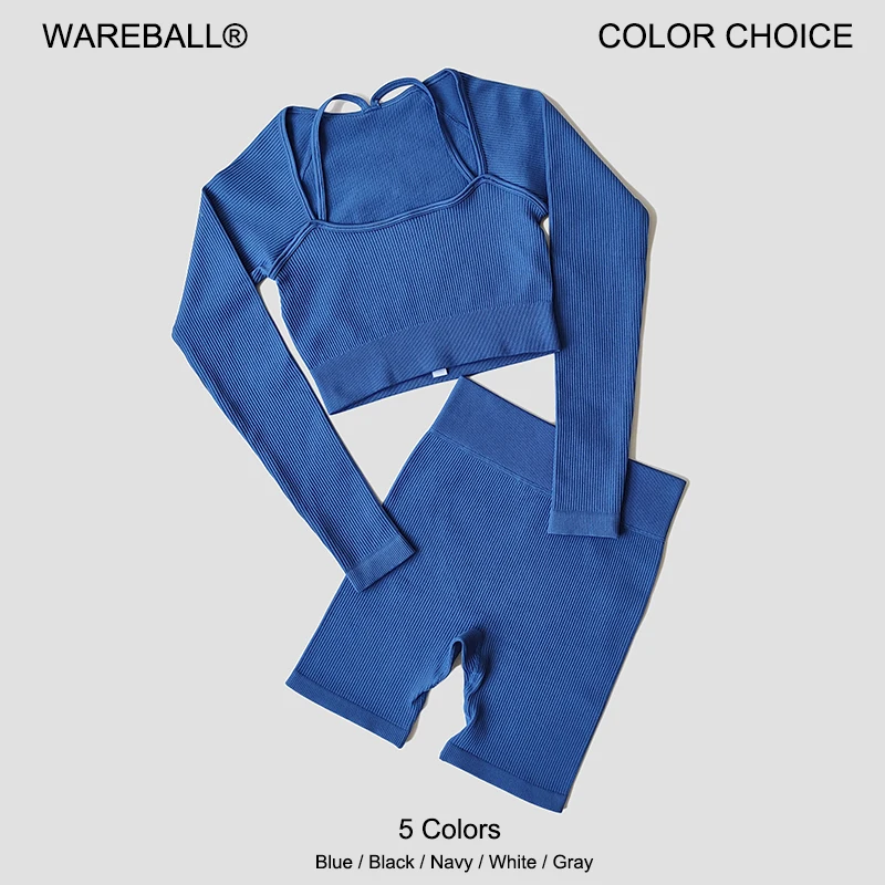 WAREBALL Ribbing 2PCS Seamless Yoga Set Long Sleeve Crop Top Shirt High Waist Gym Shorts Workout Clothes Fitness Suits