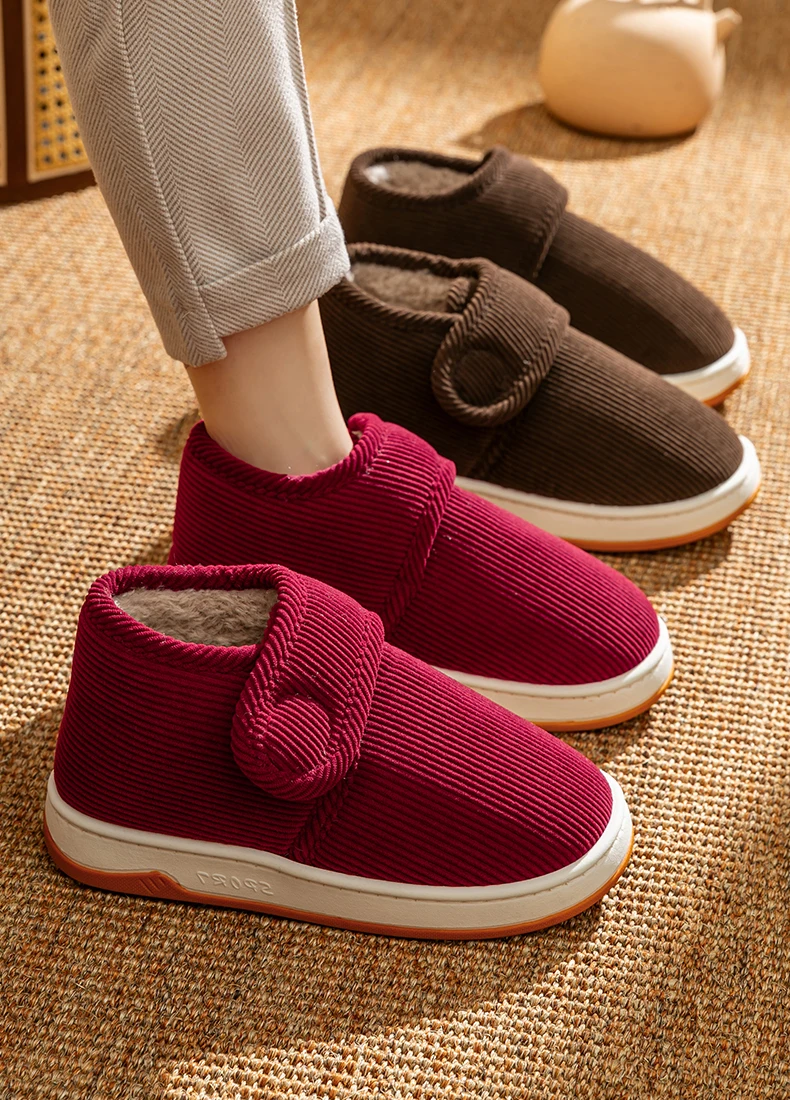 Winter-Warmhausschuhe für Senioren, Damen und Herren, mit verstellbarem Riemen, Cord-Baumwollschuhe, weiches Plüschfleece-Futter, rutschfeste Hausschuhe. – Detail 6