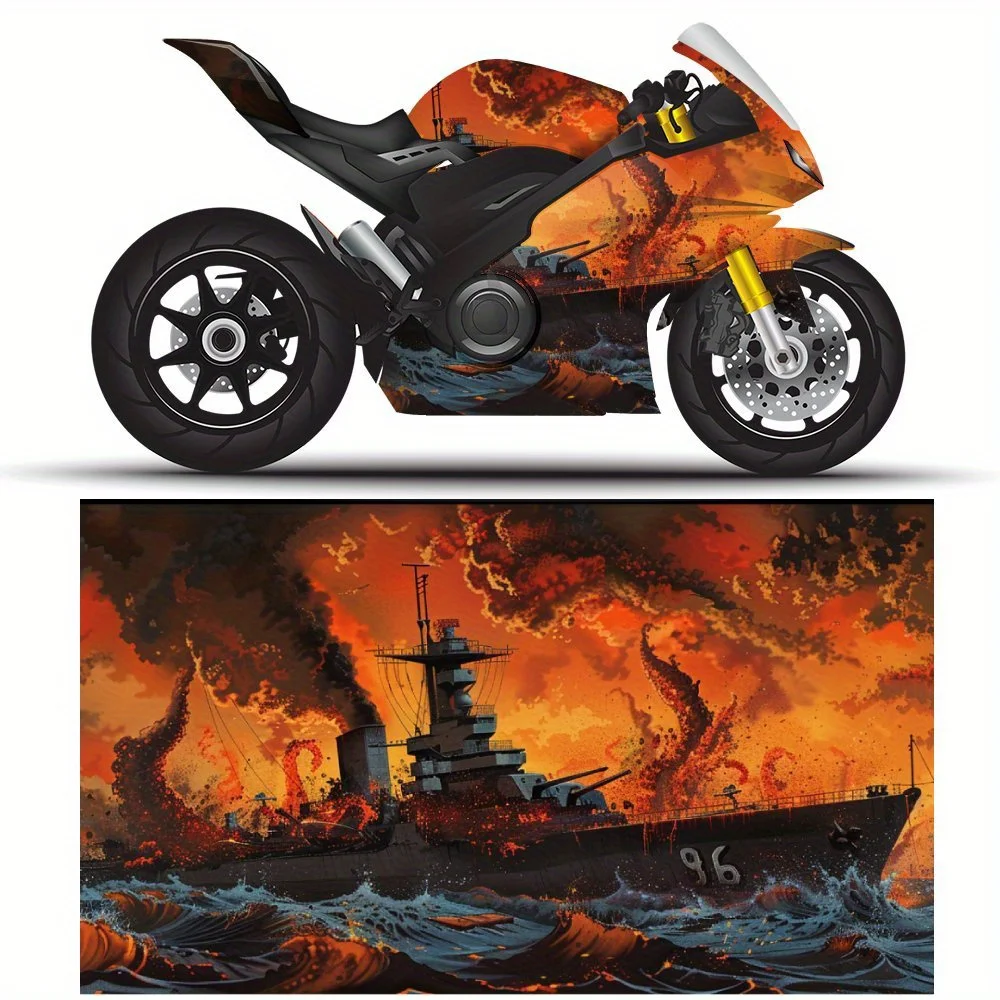 

Battleship Inferno at Sea Motorcycle Vinyl Wrap, Decal Sticker, Splash-Resistant, Easy to Install, Durable Personalized Motorcyc