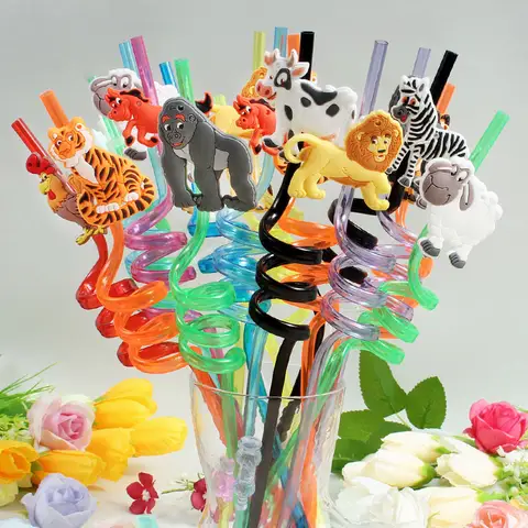 12pcs Jungle Animal Straw Set Reusable Twisted Straws Food-Safe Premium PET Material Birthday Party Supplies Wedding Kitchenware