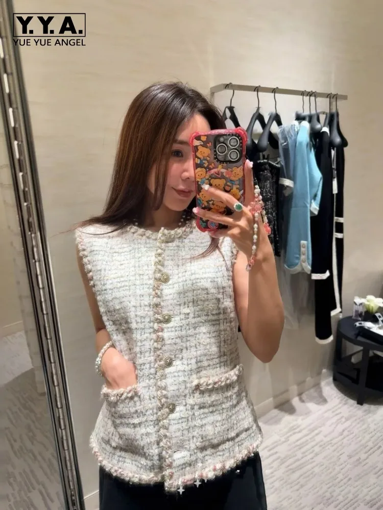 Office Ladies O-Neck Retro Tweed Sleeveless Jacket Pocket Single Breasted Slim Vests Spring Autumn High Quality Women Chic Vest