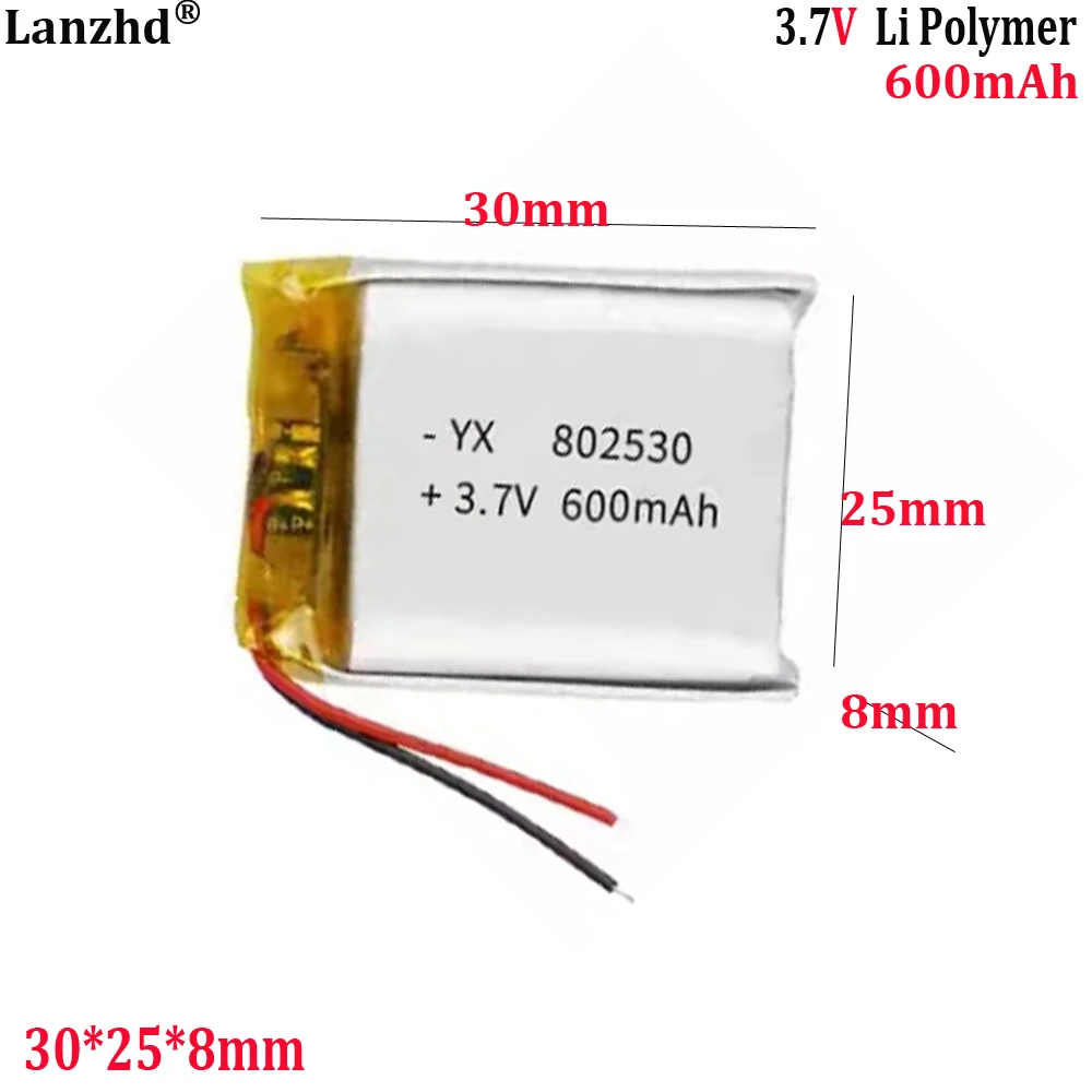 3.7V Polymer Lithium Battery 802530 600mAh Rechargeable Battery for Smartwatch Locator and Small Speaker