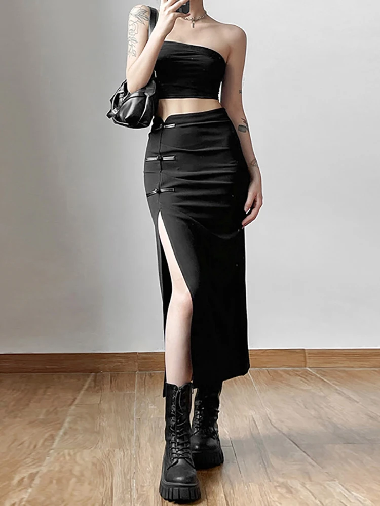 Saias Midi Cargo Preto Escuro Goth para Mulheres, Y2K Grunge Gothic Split Sexy Saia de Cintura Alta, Moda Coreana, Calças De Outono, Streetwear