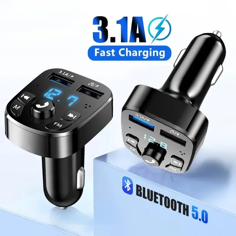 New Car Cigarette Lighter Adapter Bluetooth 5.0 FM 3.1A Dual USB Fast Charging Charge Hands Free MP3 Player with Digital Display