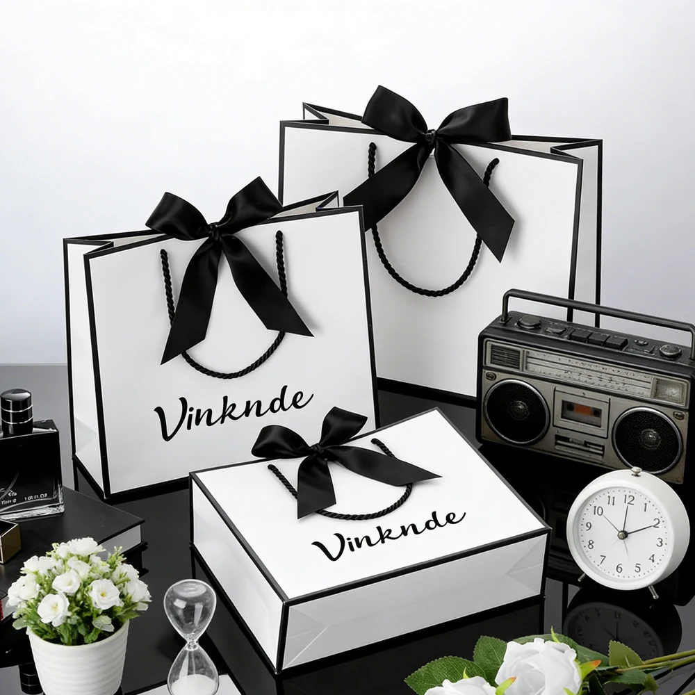 

100Pcs Custom Logo Lovely Paper Shopping Tote Jewelry Bag With Bow Ribbon Gift Packaging Makeup Cosmetic Boutique Handle Pouch