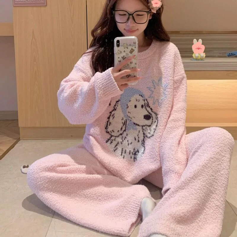 half-pile Women's pajamas fleece-lined pink Comfortable Sleepwear cartoon puppy sweet girl Cotton Pajama Set homewear suit ﻿