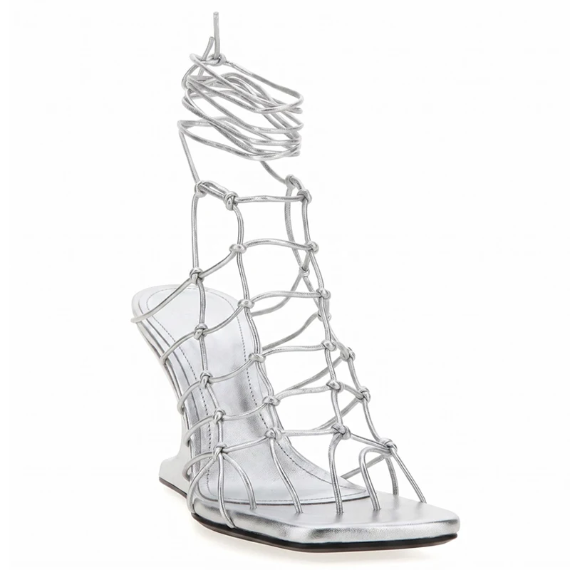 Women Metallic Silver Square Toe Gladiator Wedge Sandals Knotted Lace Up Ankle Wrap Hollow Out Cutout shaped Heel Party Shoes
