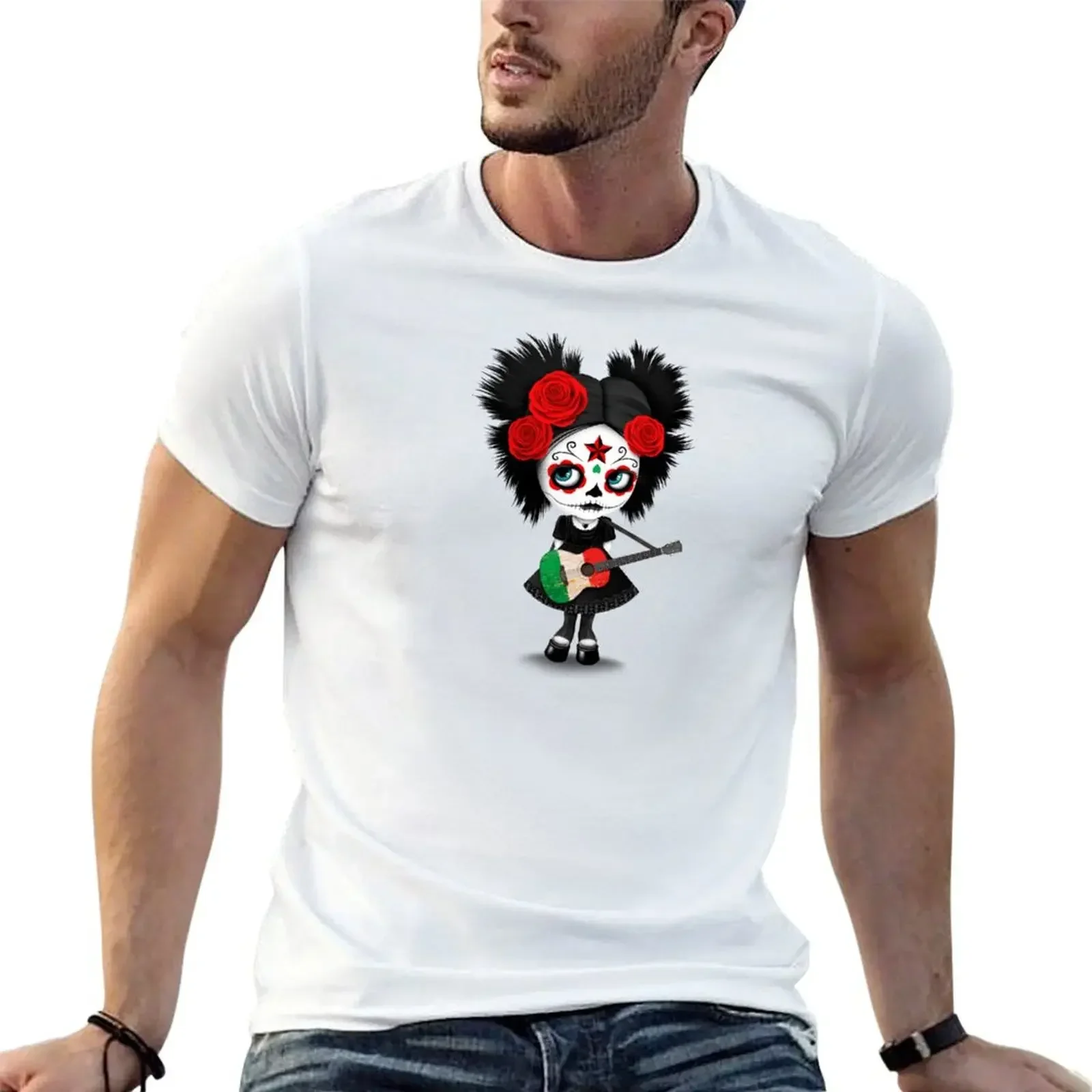 Camiseta con calavera de azúcar para chica jugando con bandera italiana, camisetas de talla grande, ropa hippie, camisetas negras para hombres