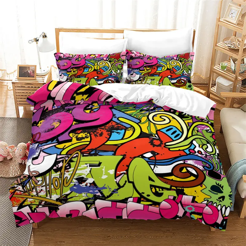 Urban Graffiti Duvet Cover Set Blockbuster Style Graffiti Sprayed Overlapping Blocky Letters Street Art Bedding Set Pillowcases