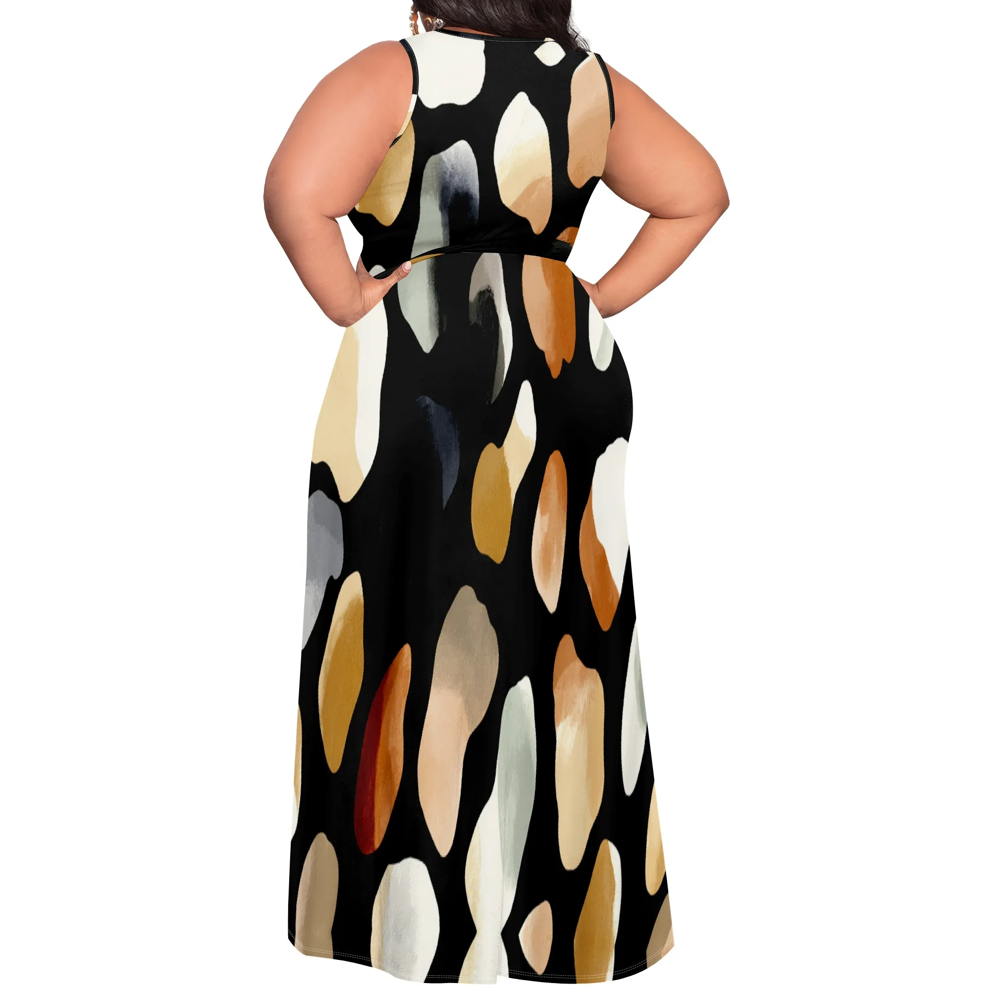 Plus Size Abstract Print Maxi Dress XL-6XL V-Neck Wrap Split Hem Sleeveless for Art Festival, Vacation or Elegant Dinner Look