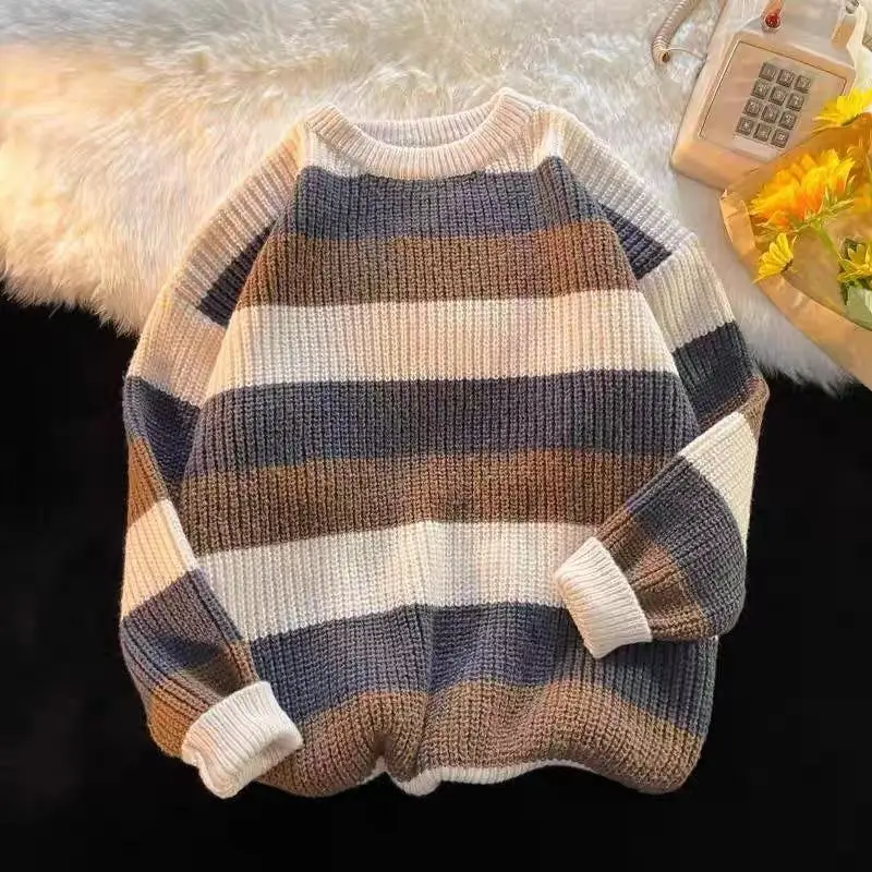 2023 Autumn and Winter Round Neck Striped Color Matching Trend Handsome Loose Soft Glutinous Thickened Oversize Knitted Sweater