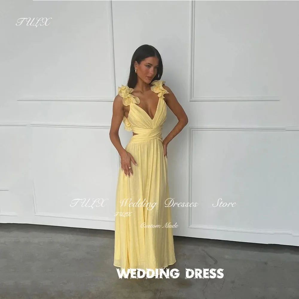 

TULX Elegant V-Neck Sleeveless Yellow Evening Dress Floor Length Sexy Prom Gown Chiffon Formal Occasion Dresses Event Gowns 2025