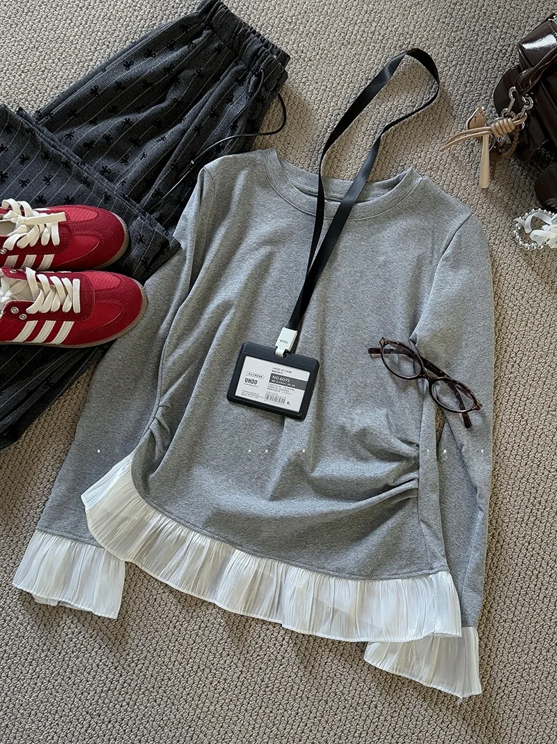 

Корейская футболка Lace Sve Slim Fit Long Sve для колледжа, женская модная весенняя новинка, круглый топ Ne Top