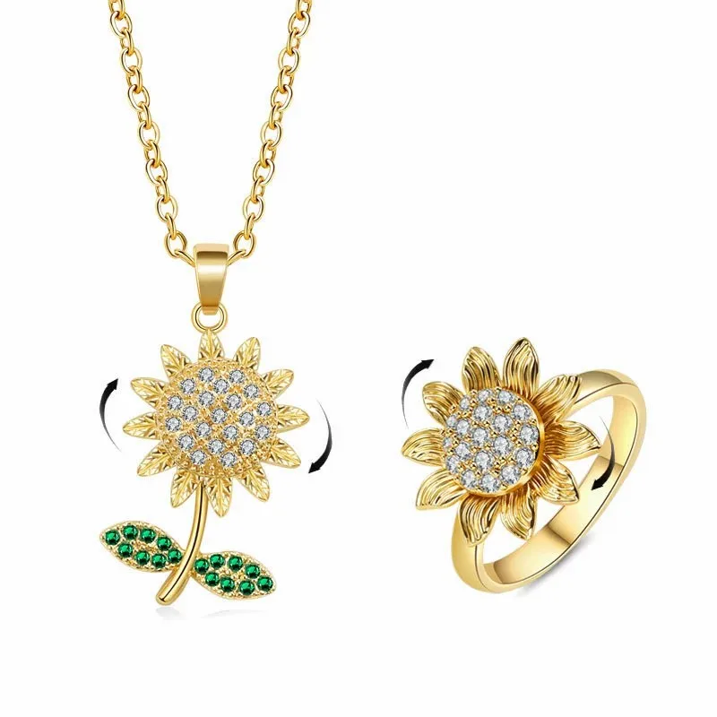 Sam Panda 925 Sterling Silver Zircon Sunflower Ring Necklace For Women Relieve Stress Trend Aesthetic Jewelry Gift Dropshipping
