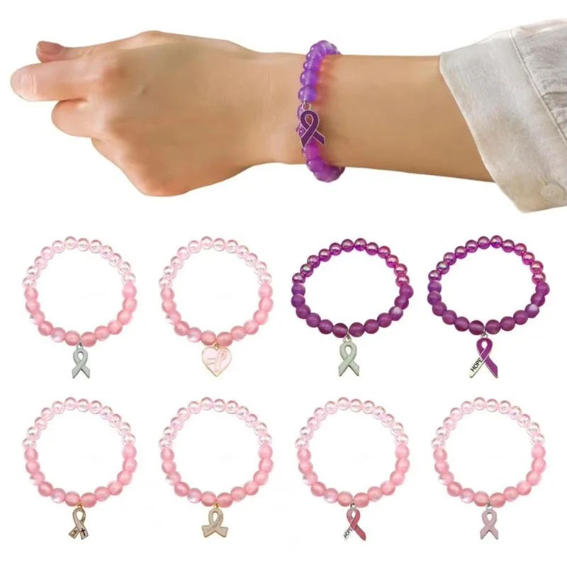 1Pcs Ribbon Charm Beaded Elastic Bracelet Pink Ribbon Elastic Beaded Jewelry Breast Cancer Awareness Bracelets For Women