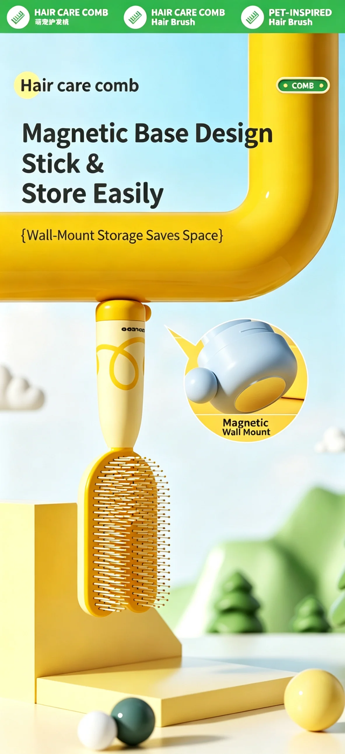 Ditch Frizzy Tangle Disasters! Cute Pet Anti-Static Hair Brush w/ Soft Ball Tips, Gentle on Scalp for All Hair Types
