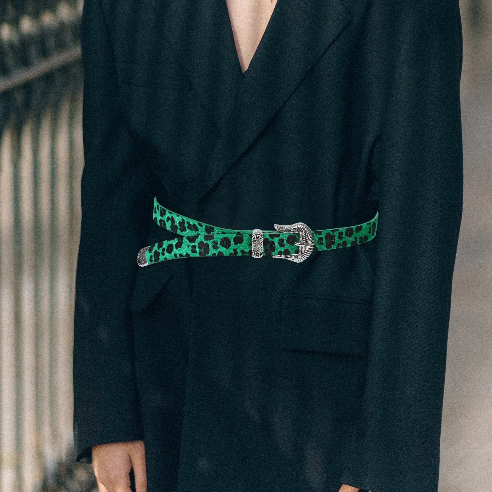

Ladies Leopard Print Belt Vintage Western Style Wide Buckle Belt for Pants Dresses Casual Outfits Green Western Belts for Woman