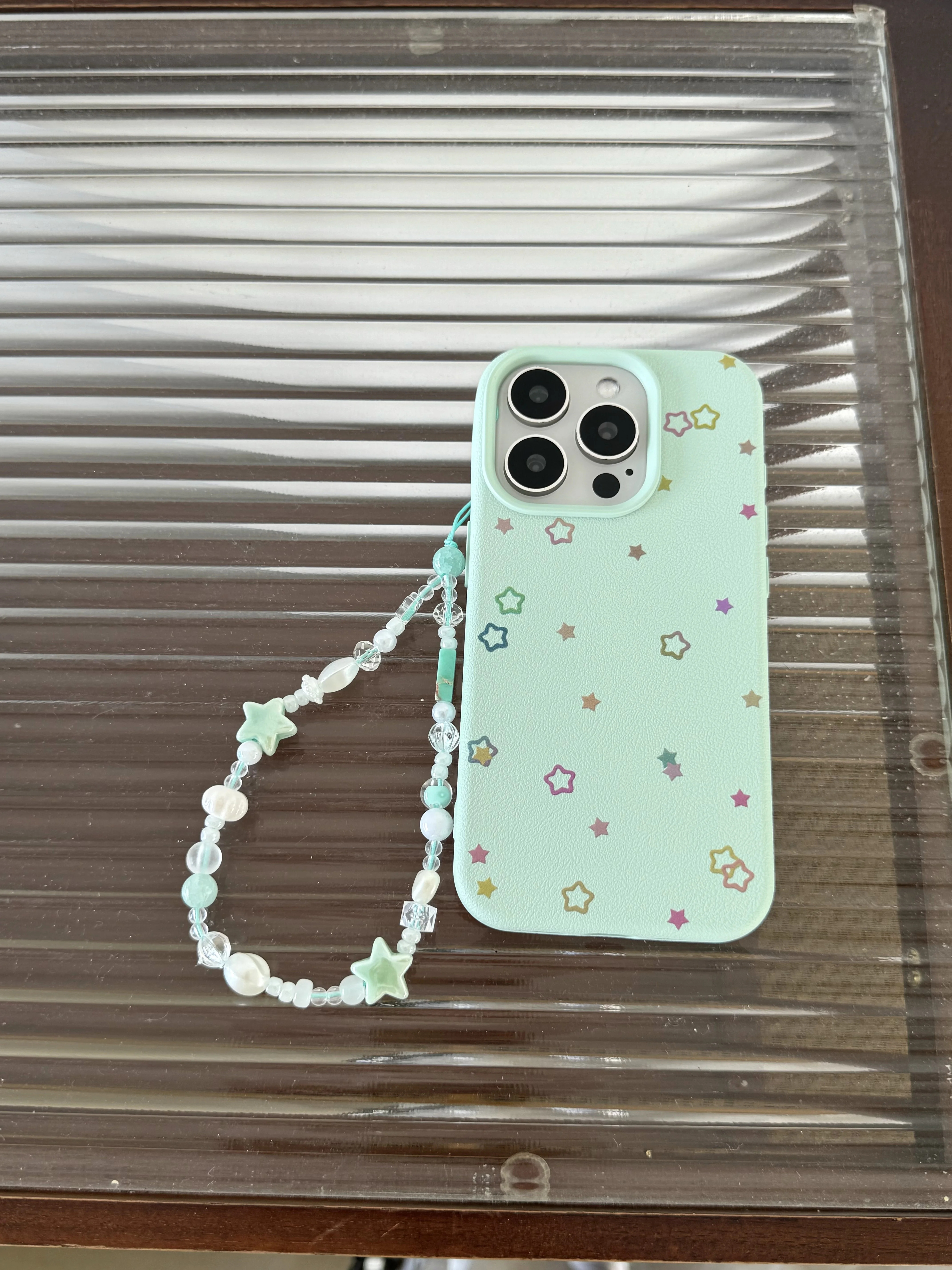 Coque de téléphone en cuir vert menthe pour iPhone, coque arrière, petites étoiles, cordon de poignet Bergame, coréen INS, 16, 15, 14, 13 Pro Max