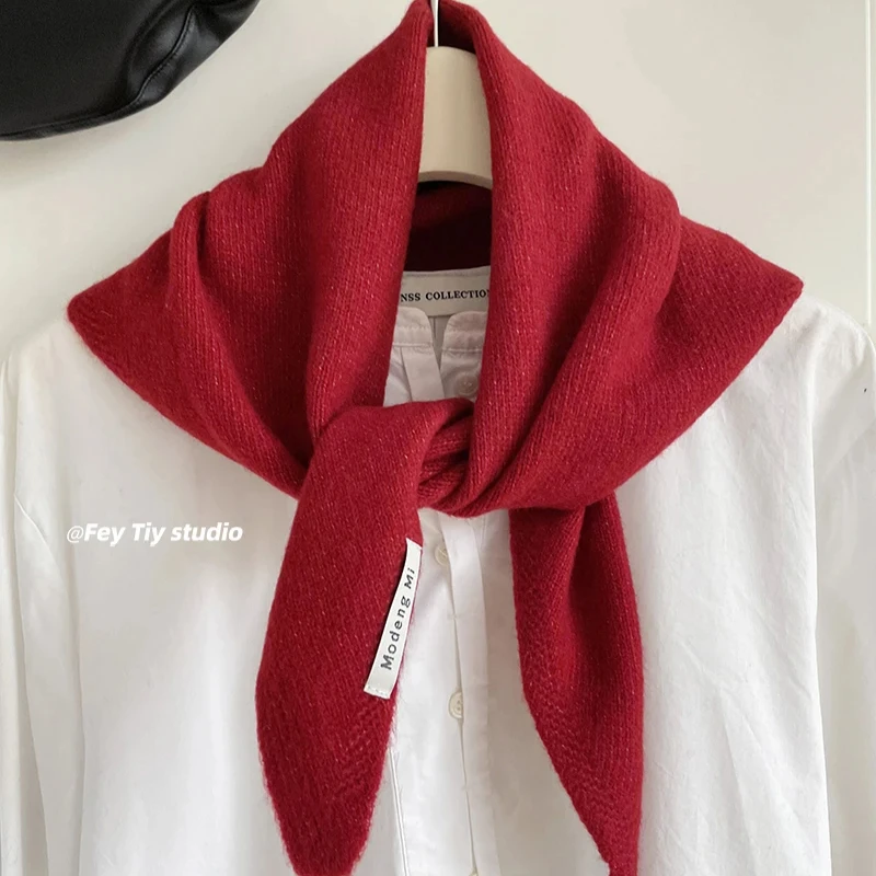 British Korean Style Niche Wool Knitted Triangular Scarf Women Headscarf Knitted Scarf Multi-functional Warm Knitted Scarf