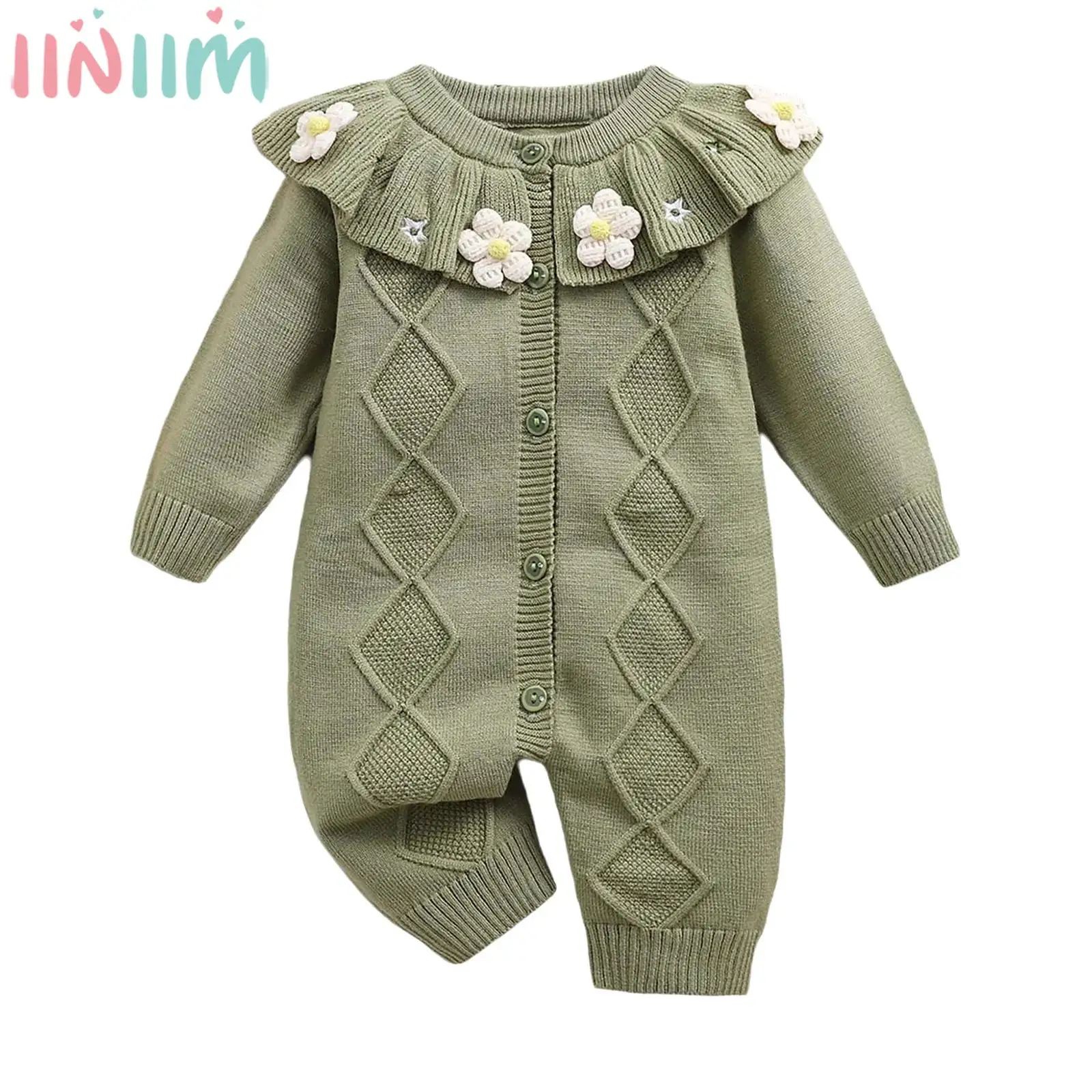 

Милый милый свитер с 3D цветами для новорожденных девочек, комбинезон с длинными рукавами и рюшами на воротнике, вязаный кардиган, боди, зимний теплый костюм