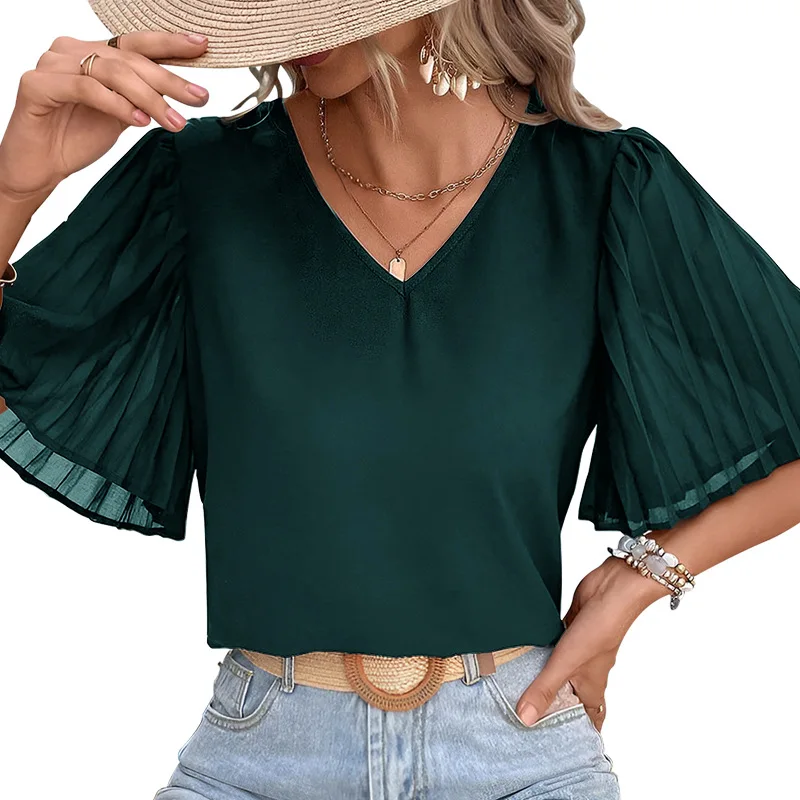 2025 Summer Women's Shirt Solid Color Pleated V-neck Fashion Casual Comfortable Short-sleeved Black T-shirt