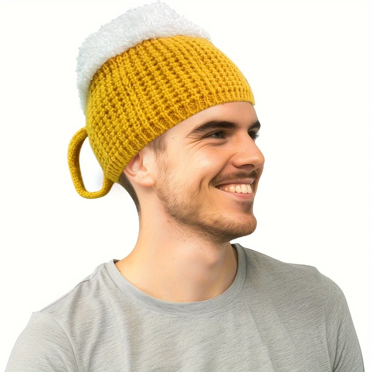 

White Elephant Party Beer Lovers Headwear Playful Accessory Adults Beer Hat Elastic Festive Yellow Beanie with White Fur Trim