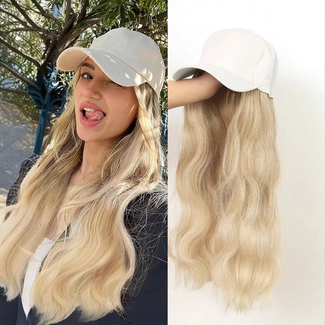 

Hat wig long wavy hair water ripple off-white baseball cap wig synthetic fiber full head wig