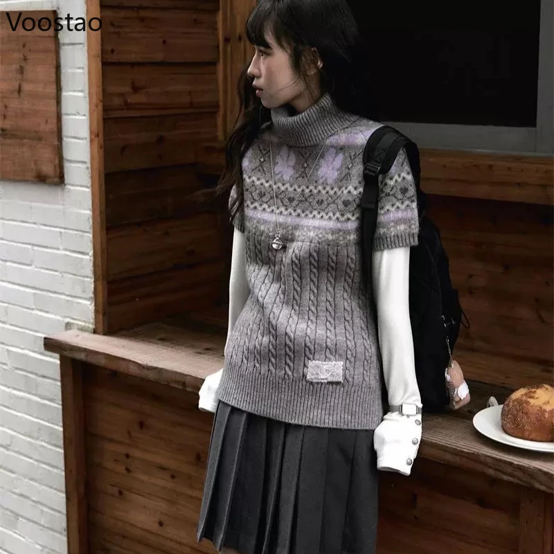 

Женский вязаный свитер в консервативном стиле, японский жаккардовый пуловер с полувысоким воротником и короткими рукавами, женский трикотаж, эстетические топы Y2k