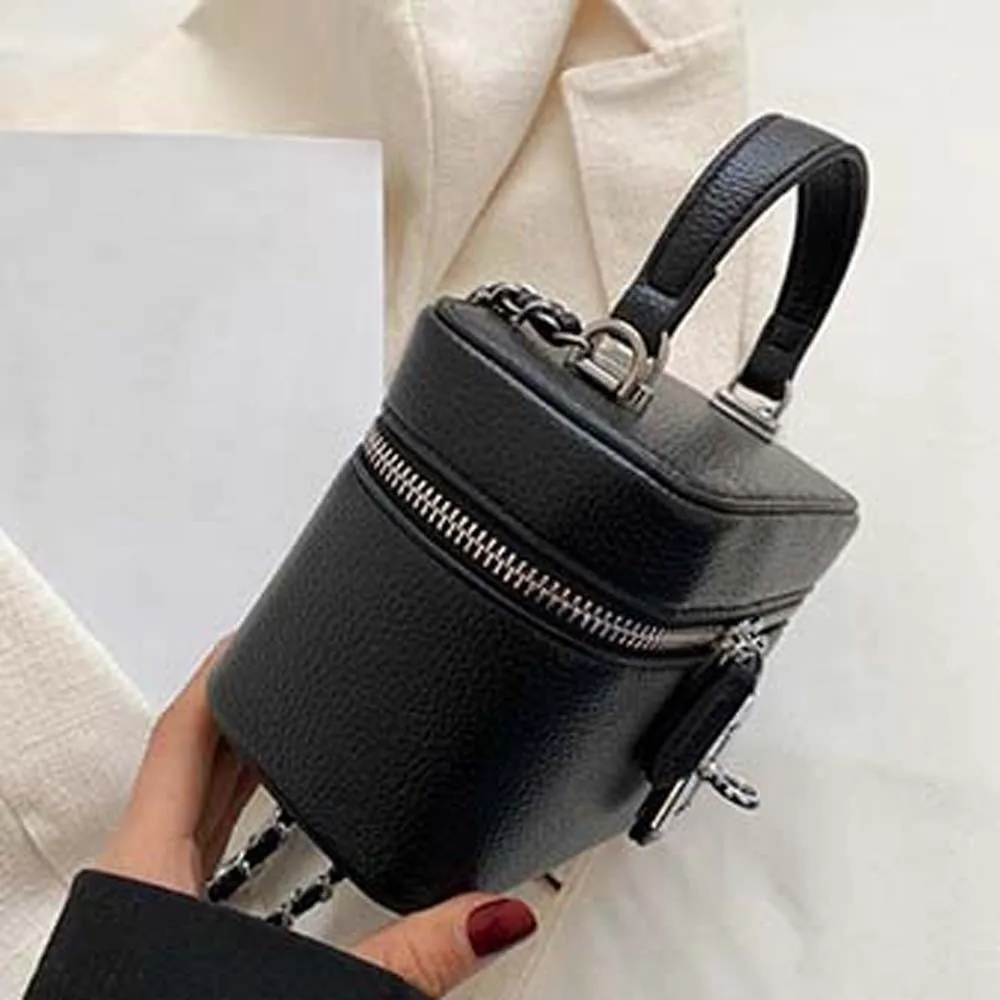 Pebbled Texture Macaron Box Bag Zipper Closure Compact Size Square Vanity Purse Solid Construction Vegan Leather