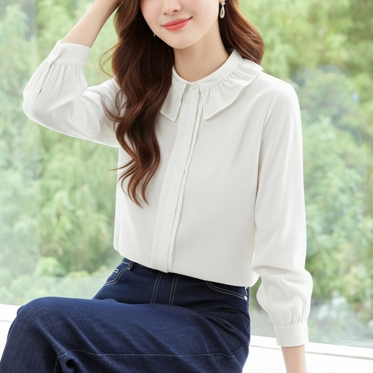 

Women's Casual Cotton Long Sve irt Spring Faion Lotus Le Collar Top Design Sense White irt Pure Cotton Women's Blouse