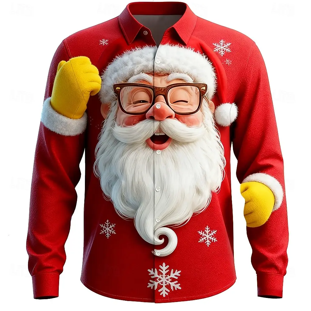 Winter Christmas Men's Graphic Long Sleeve Street Style Fashion Santa Claus Cartoon Smile Face Print Design Autumn shirt for man
