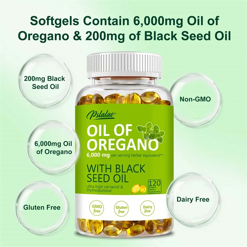 Oregano Oil Softgels - Contains Black Seed Oil, Promotes Digestion and Intestinal Health, Antioxidant, Enhances Immunity