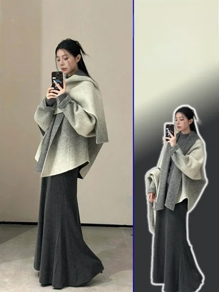 

plus Size Women's Faionable Two-Piece Set Winter Woolen Coat with awl Versatile Sli French Sle Loose Fit Long Sve