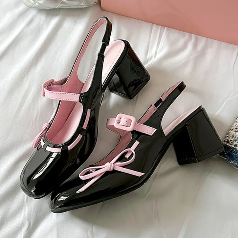 

Лакированные кожаные разноцветные массивные туфли Мэри Джейн, женские милые сандалии с круглым носком и бантом, модные вечерние свадебные туфли на высоком каблуке с пряжкой