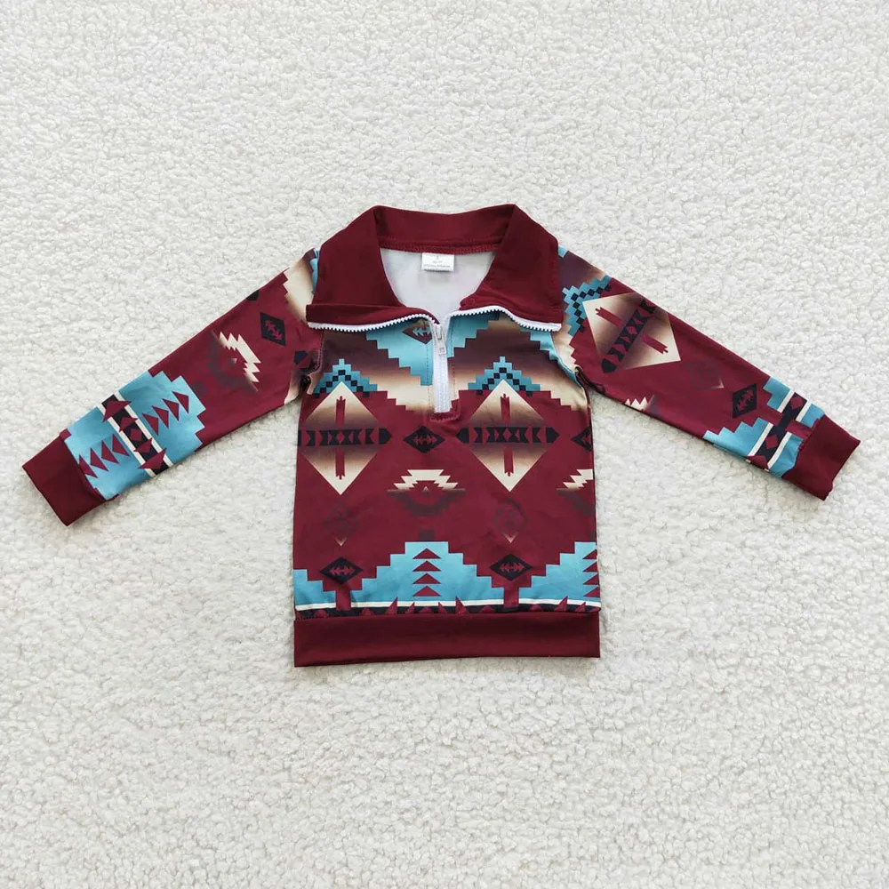 Wholesale Toddler Western Aztec Clothes Long Sleeves Pullover T-Shirts Tee Baby Boy Lapel Tops Children Infant Zipper Clothing