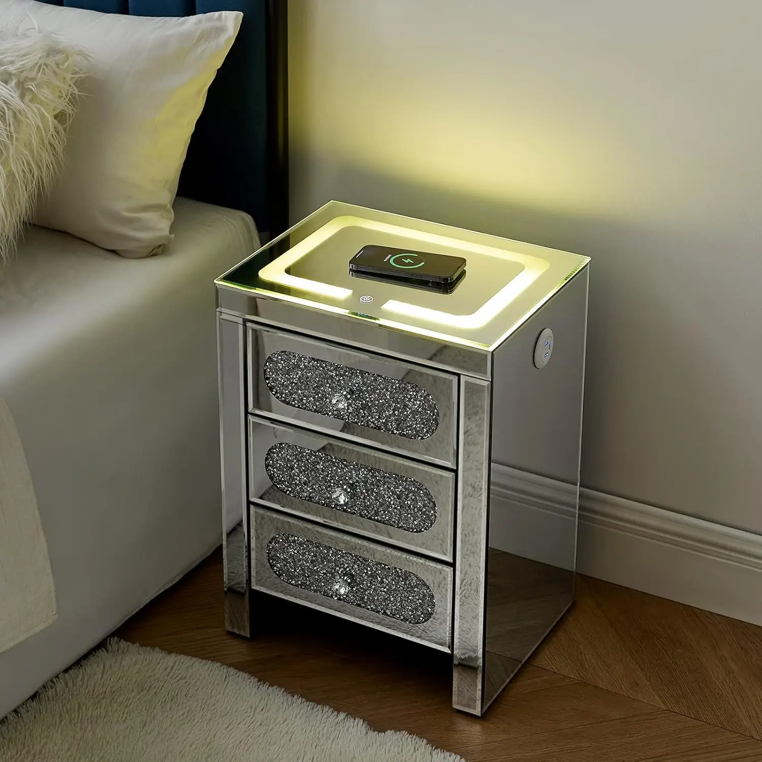 Mirrored Nightstands Set of 2, End Table with Wireless Charging Station and LED Lights, Sliver Modern Side Table