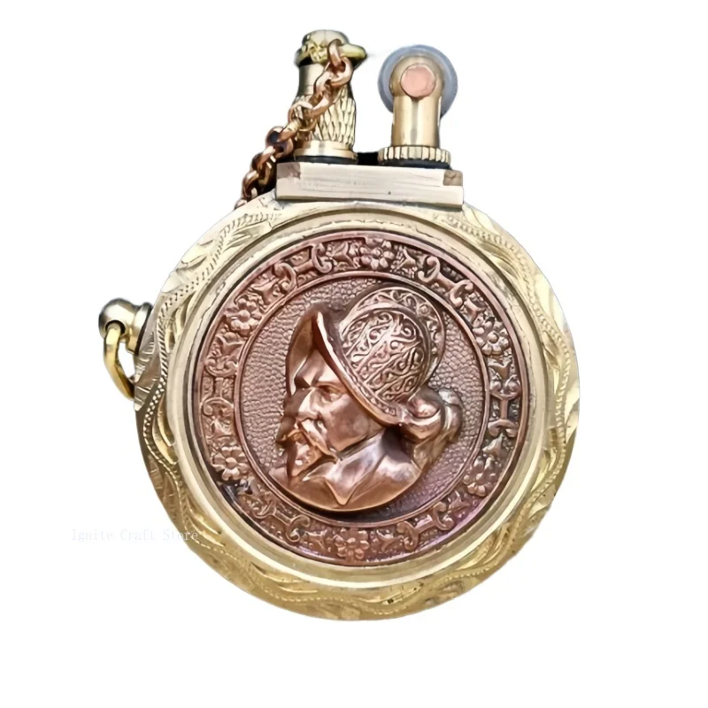 Brass&purple copper inlaid pocket watch shaped fuel lighter, vintage antique lighter, cigarette accessory, men's gift