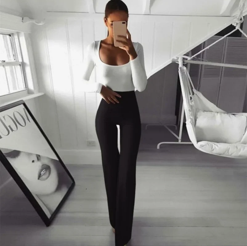 Estate 2023 donna moda donna pantaloni Hippie vita alta pantaloni a campana donna Stretch Flare pantaloni Office Lady Solid Pink Pants