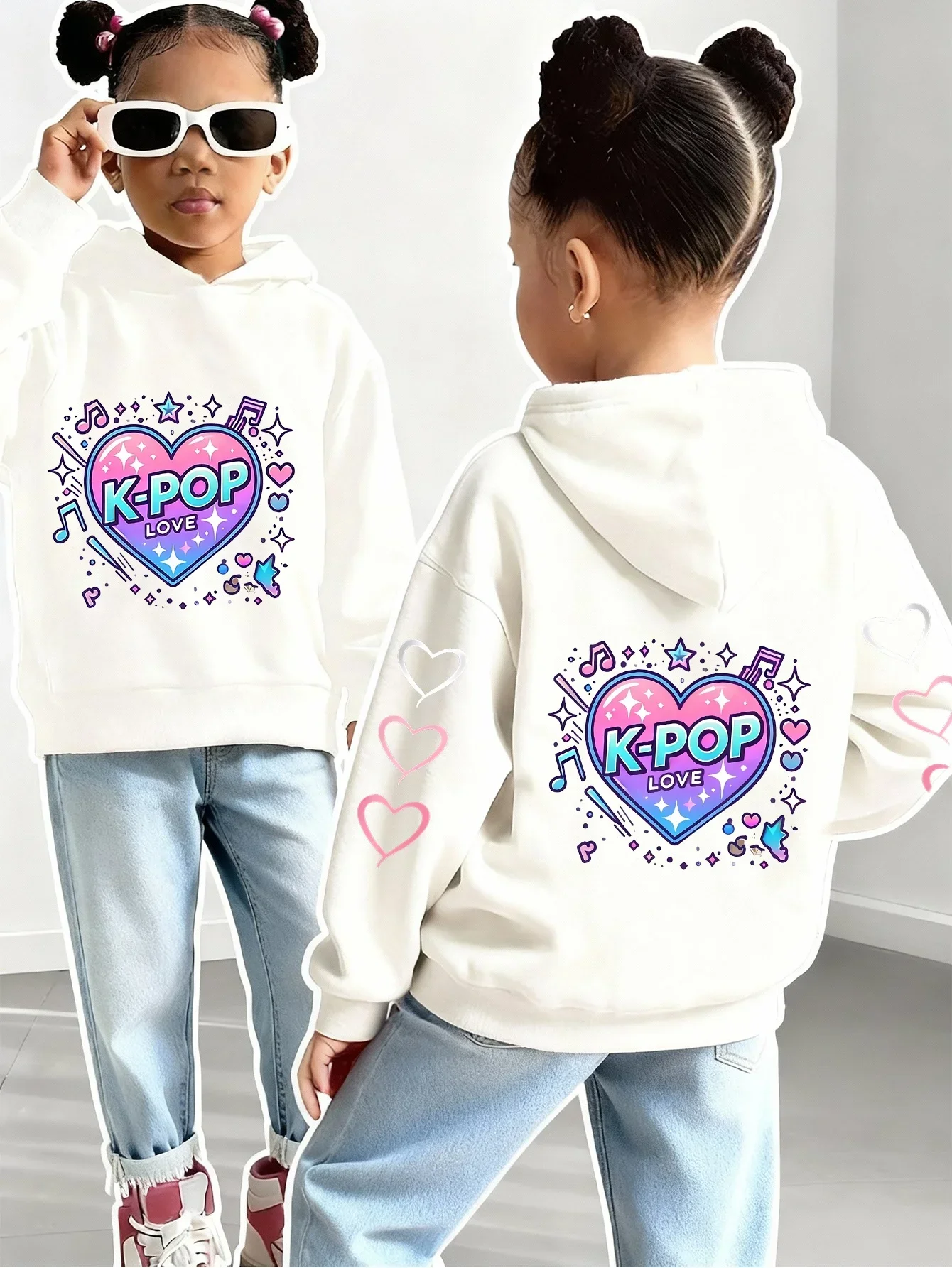 New autumn/winter girls' hooded sweatshirt with heart prints on the front and back, Korean style, casual Christmas gift.