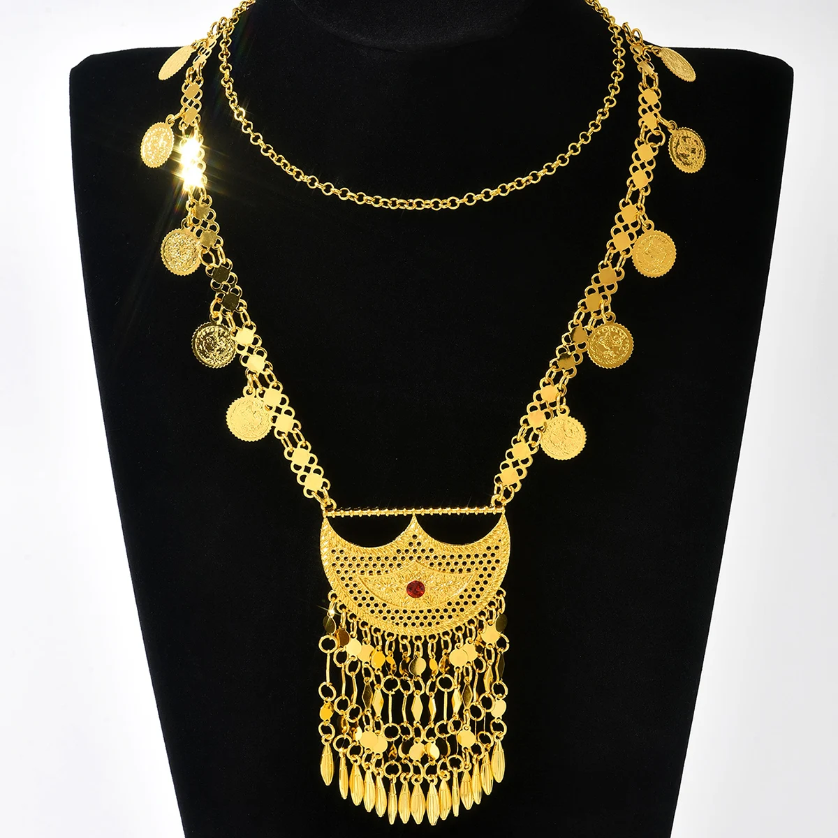 Middle Eastern-style coin tassel pendant necklace, women's golden carved ethnic style neck chain, matching for banquet gowns image 2